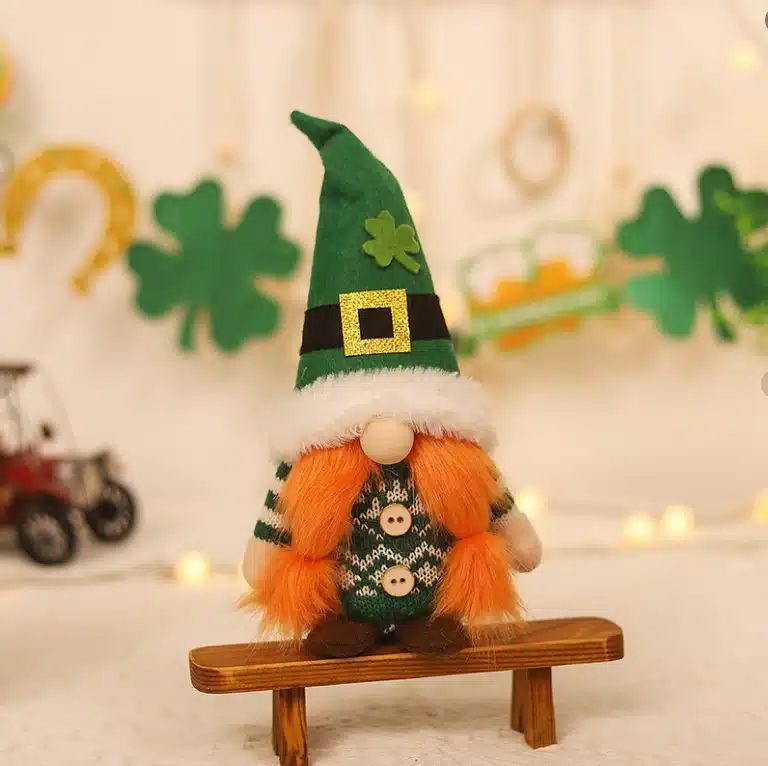 1b13f8d3-ce68-402a-afd2-26a85346ccbd.jpg St. Patrick's Day Gnome Decoration — Green Pointed Hat & Orange Braided Beard - Image 1
