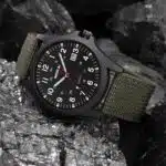 Men's Nylon Strap Quartz Watch — Black Plastic Case, Date Window (Green Strap)