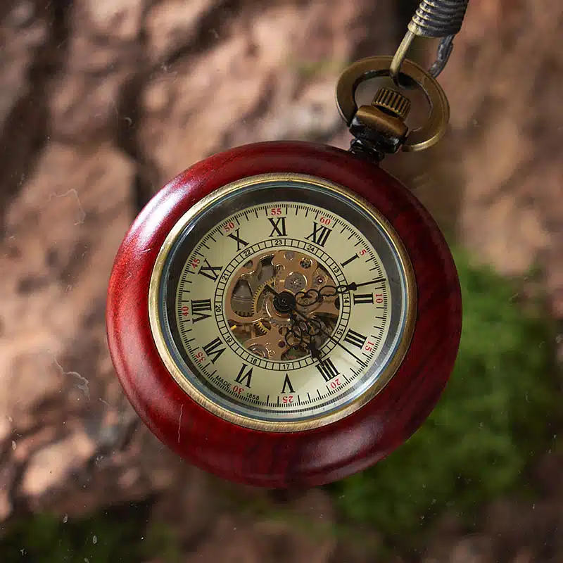 ac98fbc6-fcbe-42e1-814f-86b52eb722f9.jpg Small Mahogany Automatic Mechanical Pocket Watch - Image 1